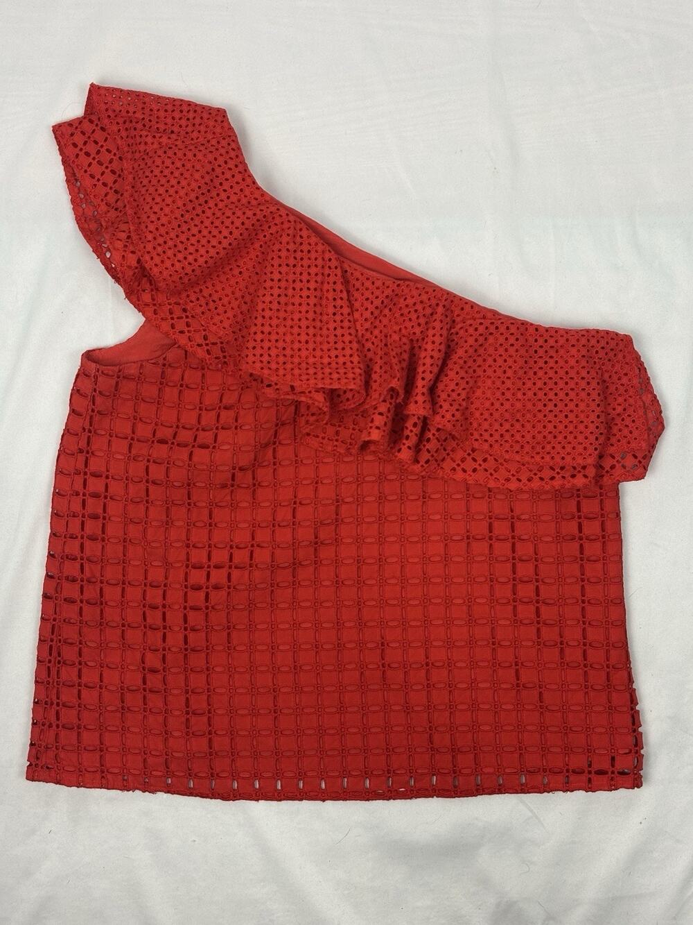 J Crew One Shoulder Ruffle Sleeveless Top Eyelet Lace Red Size 4